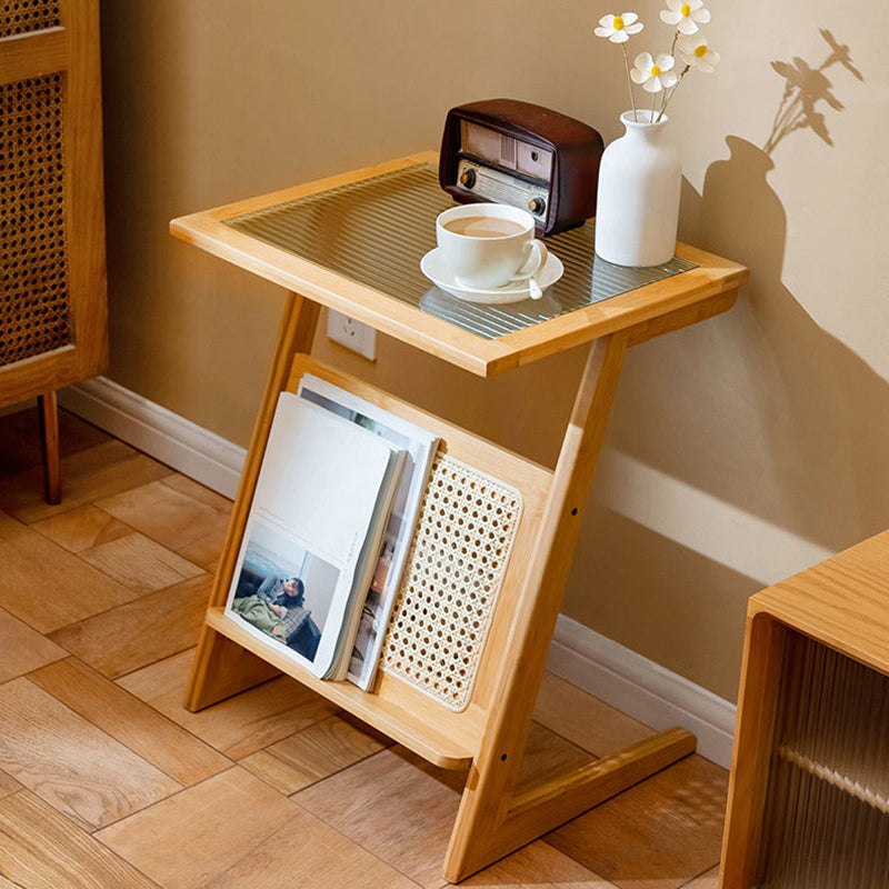 22.8" Tall Rectangular Glass Side Table Solid Wood Abstract End Table with Storage