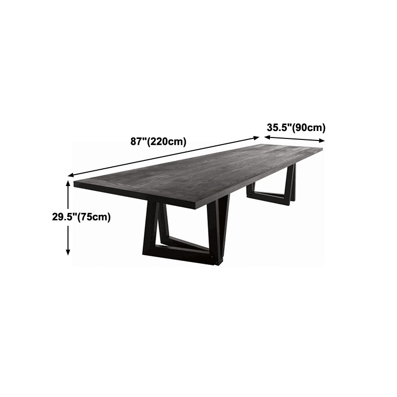 Modern Black Rectangle Dining Table Solid Wood Top Iron Base Table