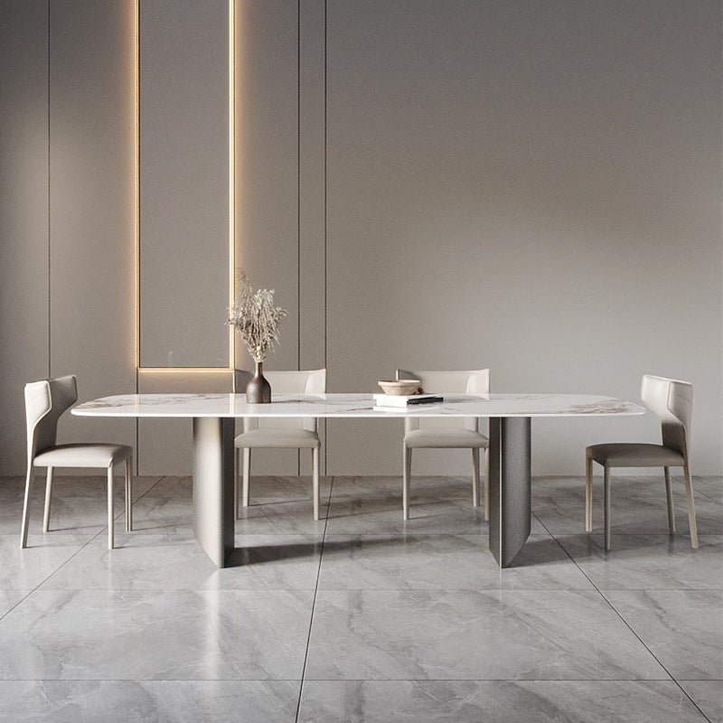 Metal Traditional Luxury Rectangle Table Sintered Stone Table with Double Pedestal Base