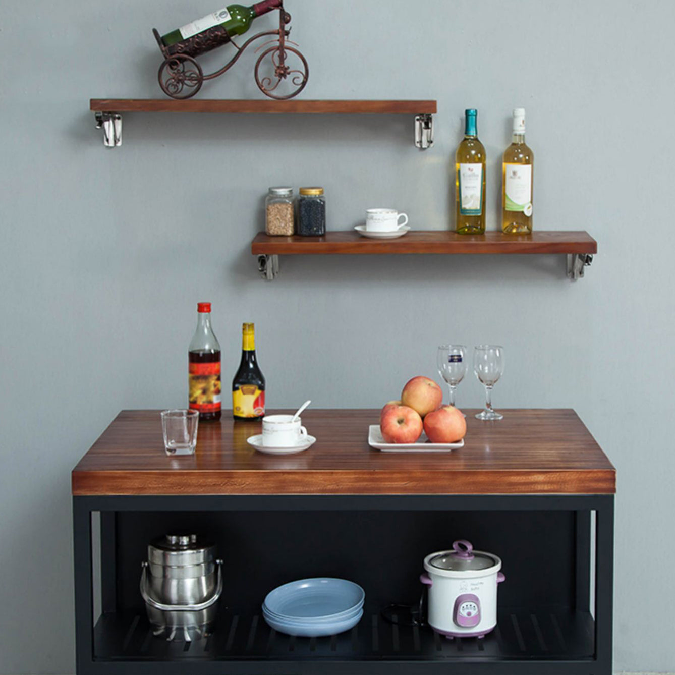 Industrial Stationary Kitchen Island table Wood Rectangular Kitchen Island table