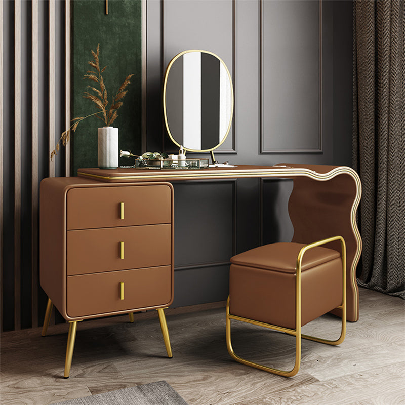 3 Drawers Make-up Vanity Set, 28.74" H Leather Vanity with Stool & Mirror