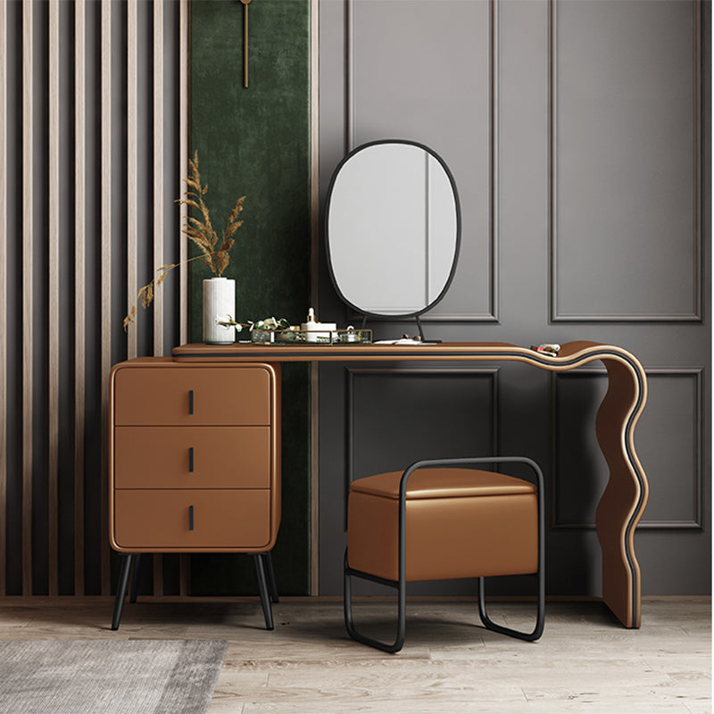 3 Drawers Make-up Vanity Set, 28.74" H Leather Vanity with Stool & Mirror