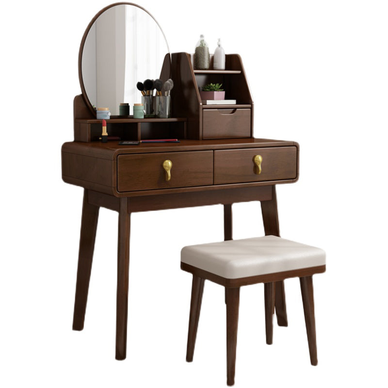 Natural/Brown Wooden Vanity with Mirror, 2 Drawers Dresser - 27.56"/31.5" W