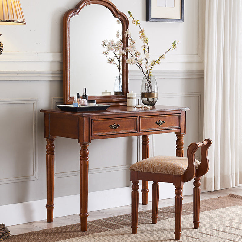 Solid Wood Vanity Desk, 2 Drawers With Mirror & Padded Stool, 29.92" H