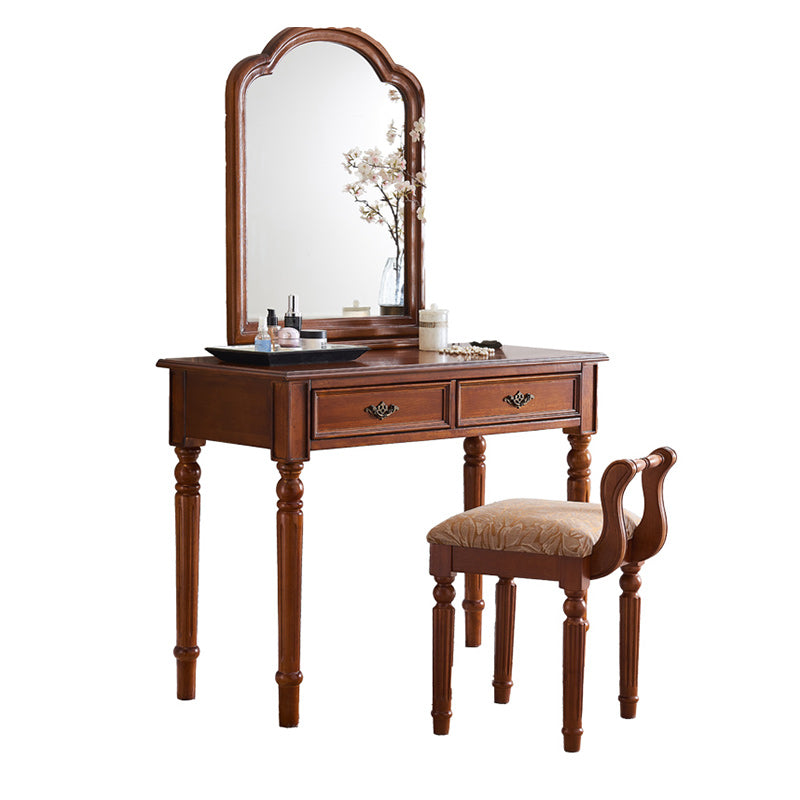 Solid Wood Vanity Desk, 2 Drawers With Mirror & Padded Stool, 29.92" H