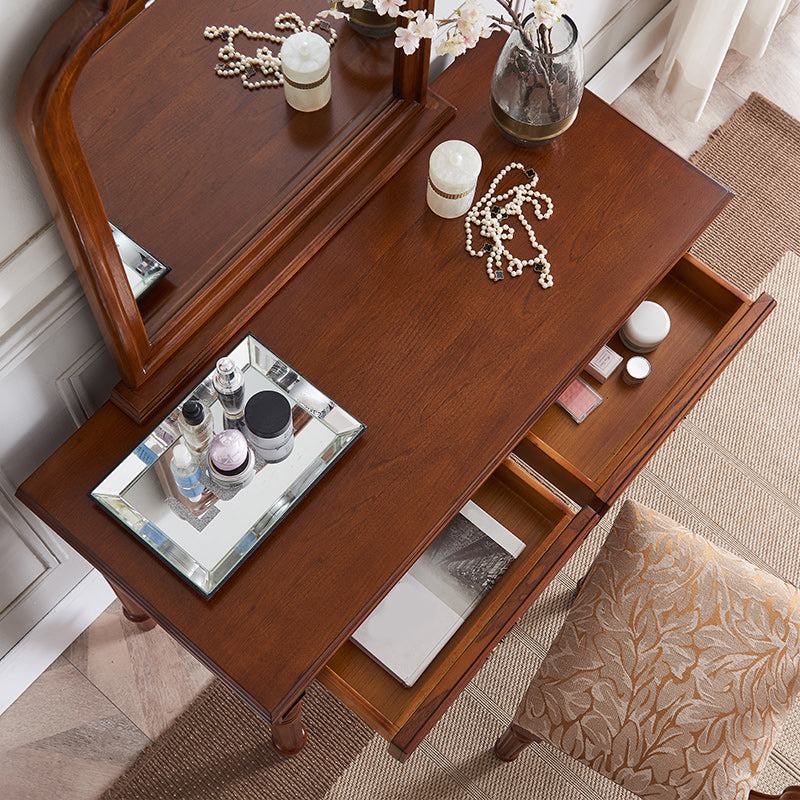 Solid Wood Vanity Desk, 2 Drawers With Mirror & Padded Stool, 29.92" H