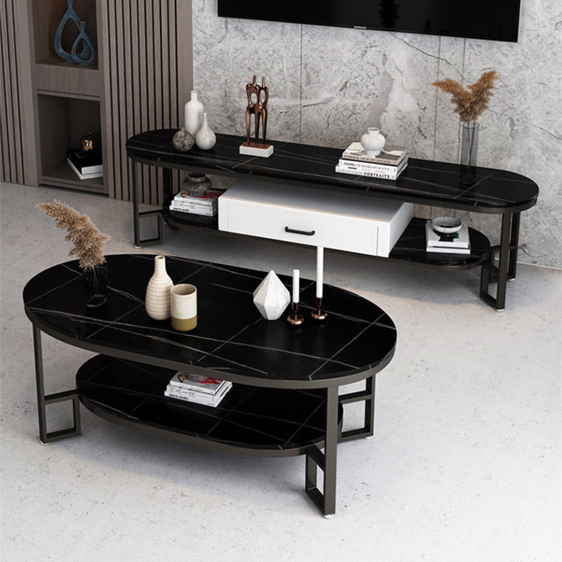 Glam Slate Oval Coffee Table Frame Coffee Table with Storage