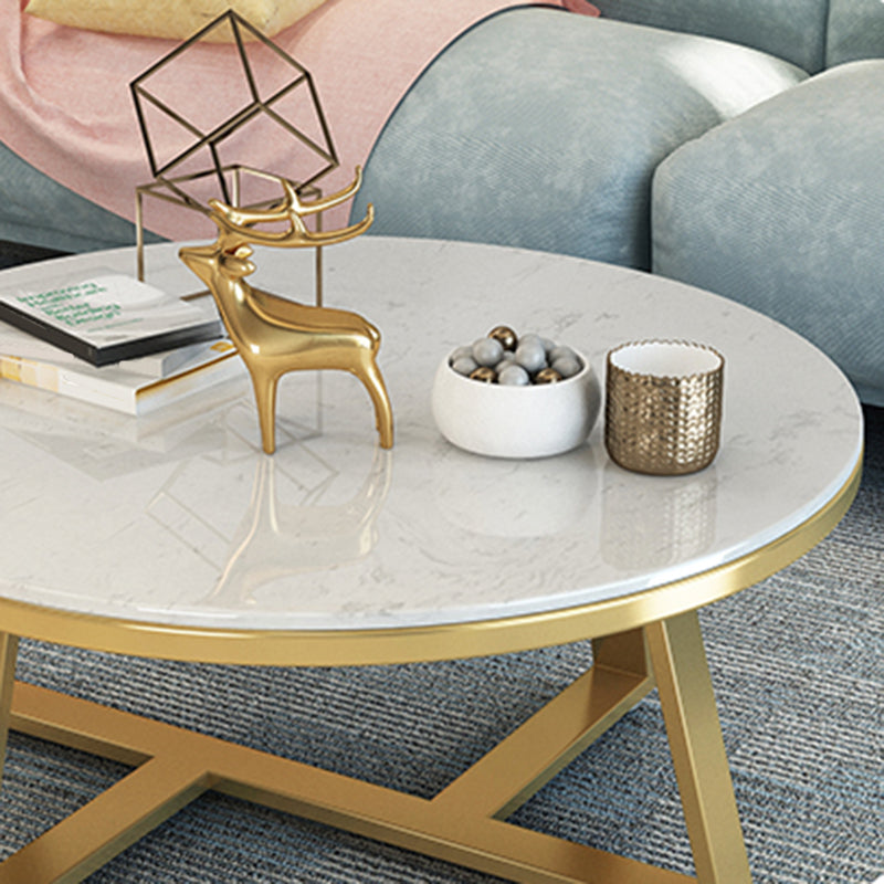 Glam Cross Legs Coffee Table Faux Marble Round Cocktail Table