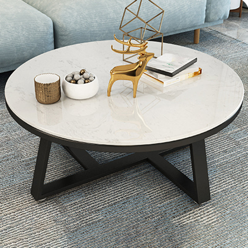 Glam Cross Legs Coffee Table Faux Marble Round Cocktail Table