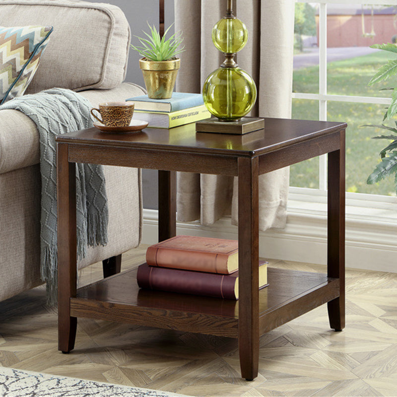 Country Double Tier Wood End Table 4 Legs Sofa Side Table with Shelf