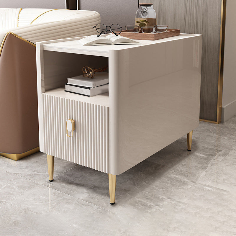 Modern Stone Top End Table 4 Legs Side Table with Drawer and Shelf