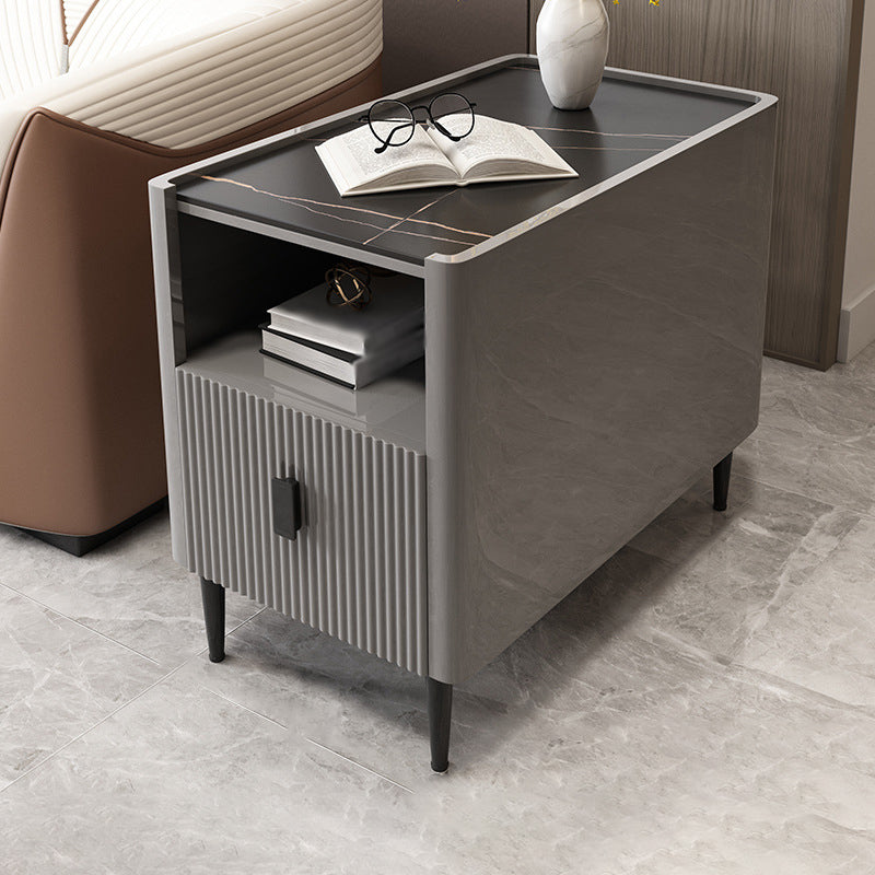 Modern Stone Top End Table 4 Legs Side Table with Drawer and Shelf