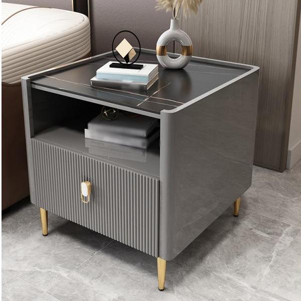 Modern Stone Top End Table 4 Legs Side Table with Drawer and Shelf