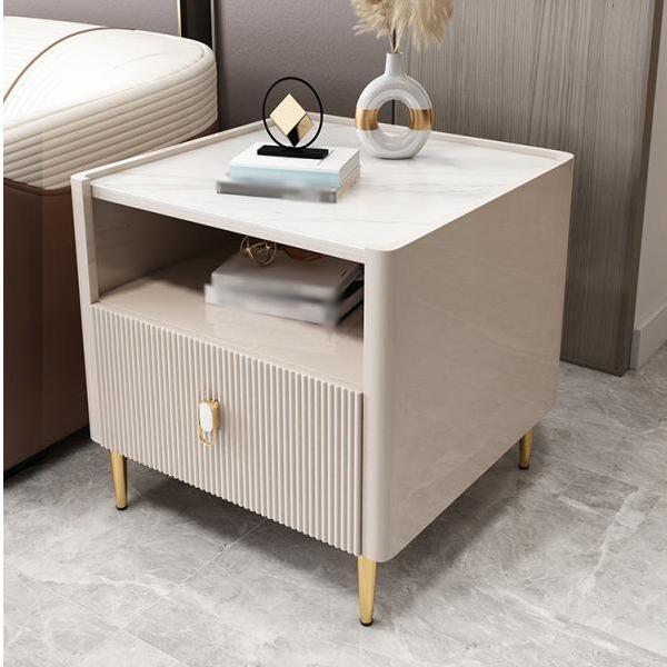 Modern Stone Top End Table 4 Legs Side Table with Drawer and Shelf