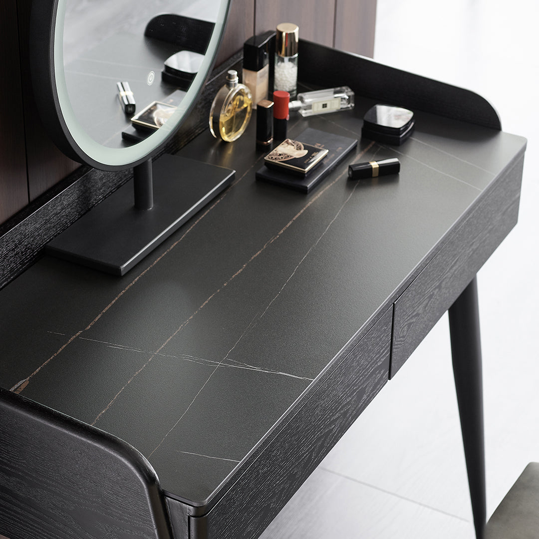 Contemporary Stone Vanity, 2 Storage Drawers With Stool, Black/White