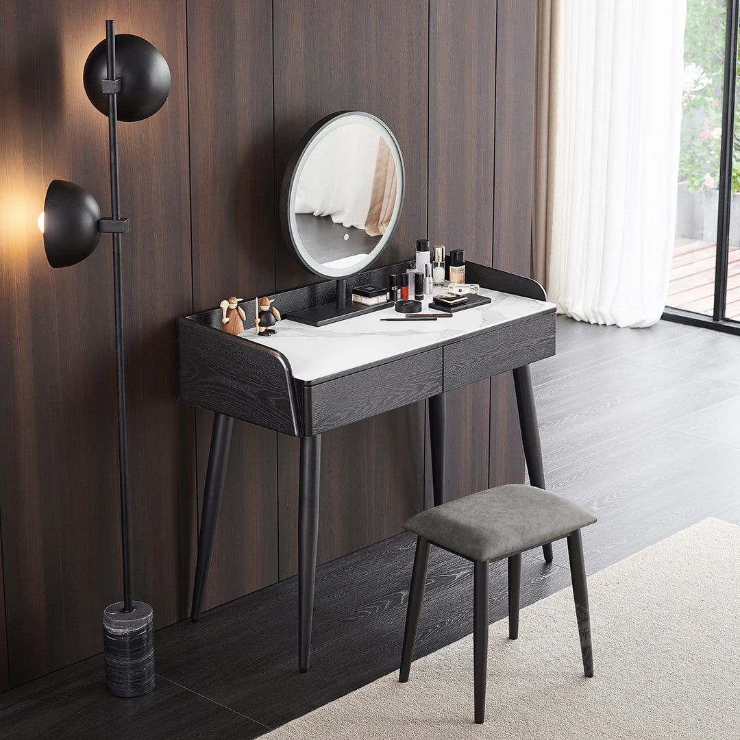 Contemporary Stone Vanity, 2 Storage Drawers With Stool, Black/White