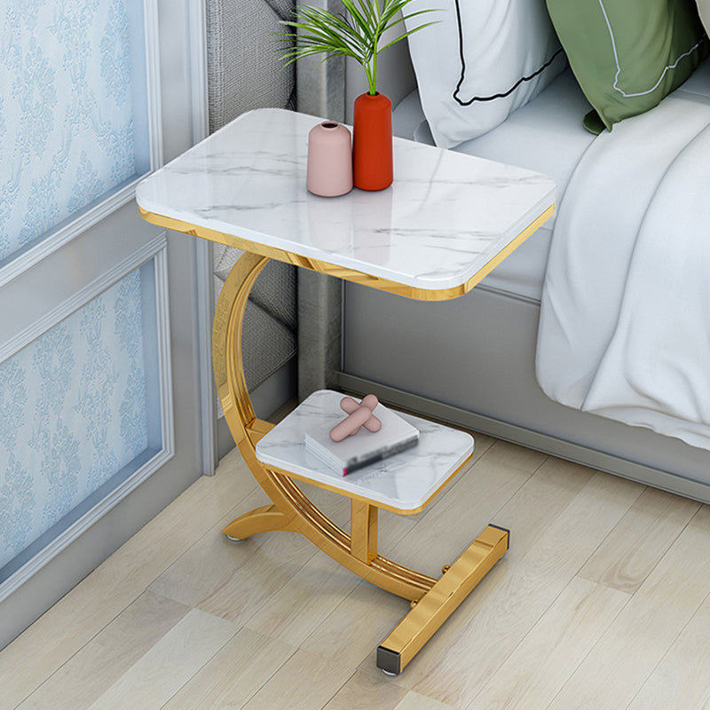 Modern Style Iron Base Rock Plate with Storage Shelf Rectangular Desktop Side Table