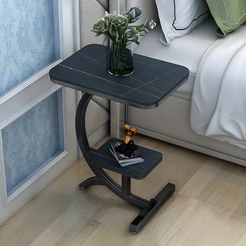 Modern Style Iron Base Rock Plate with Storage Shelf Rectangular Desktop Side Table
