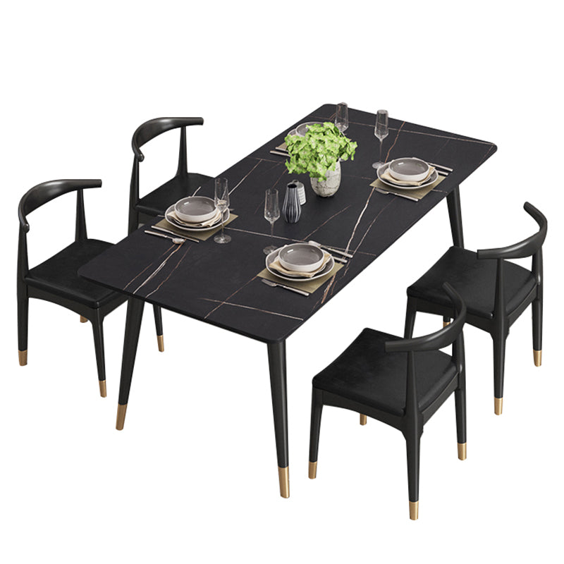 Modern Stone Top Dinette Set 1/2/4/5/7 Pieces Rectangle Dining Table Set in Black