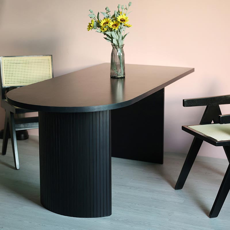 Simplicity Double Pedestal Dining Table Free Form Black Fixed Table with Wooden Top