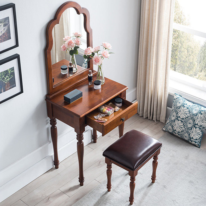 29.5" Height Brown/ White Wood Makeup Vanity with Drawer and Mirror