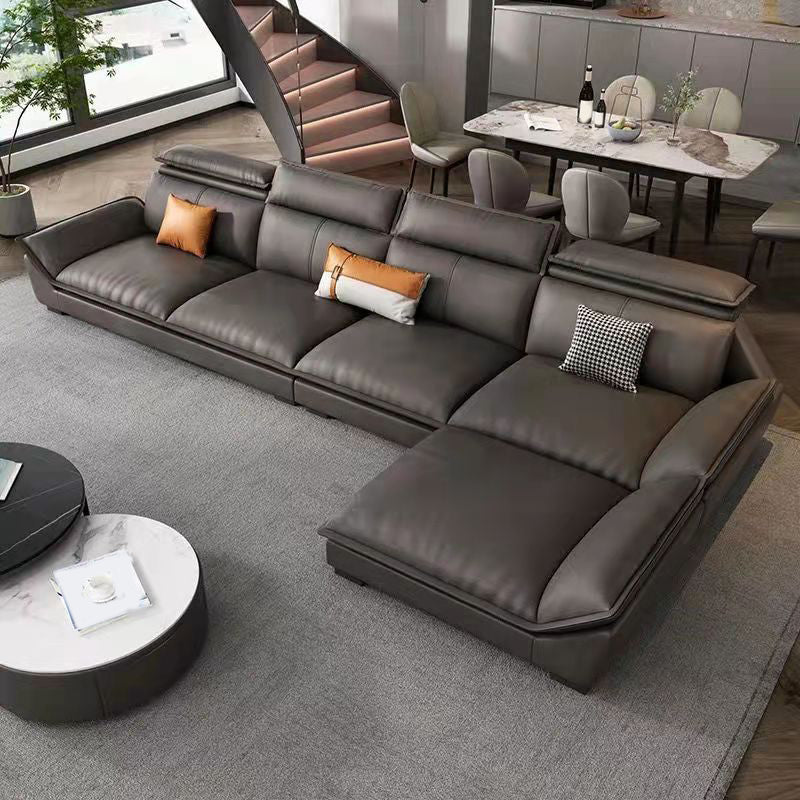 Interior Armrest with Pillow Back Sofa Grey Solid Wood Frame Leather Sofa Bed