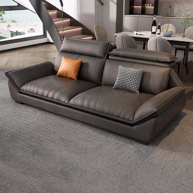 Interior Armrest with Pillow Back Sofa Grey Solid Wood Frame Leather Sofa Bed