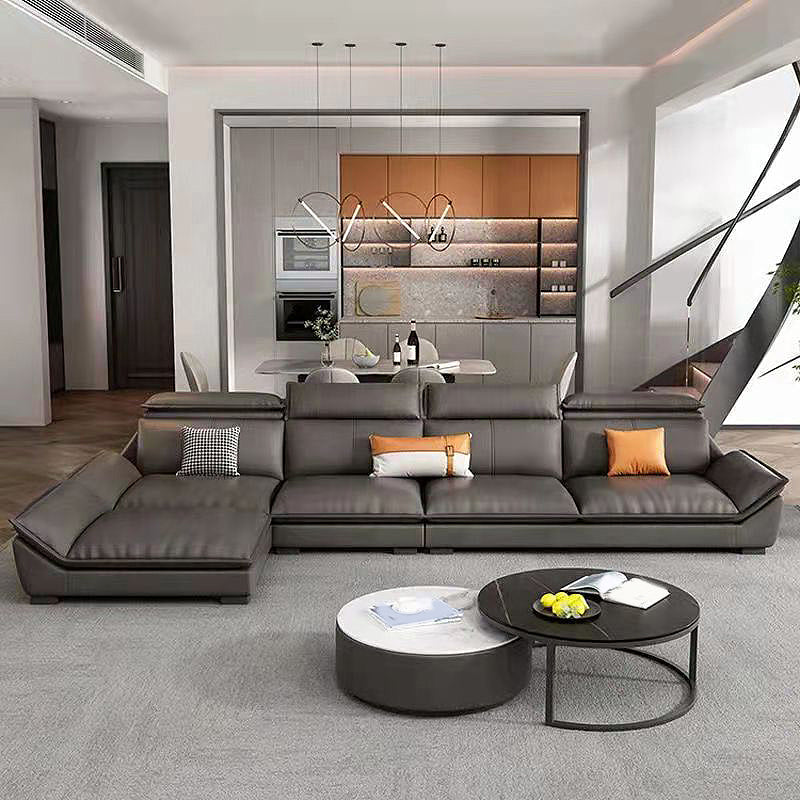 Interior Armrest with Pillow Back Sofa Grey Solid Wood Frame Leather Sofa Bed