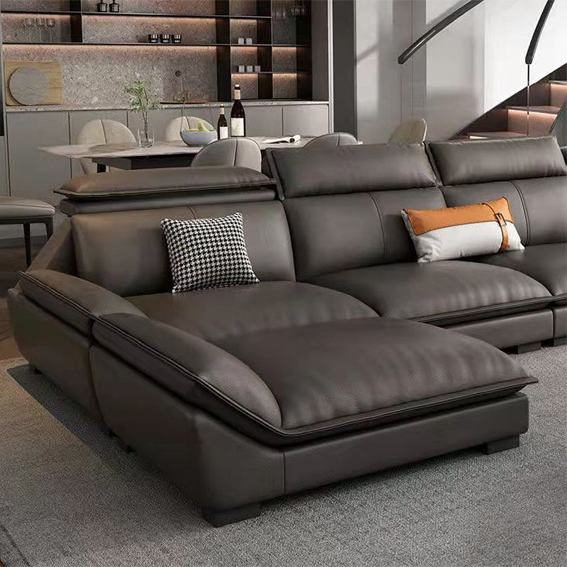 Interior Armrest with Pillow Back Sofa Grey Solid Wood Frame Leather Sofa Bed