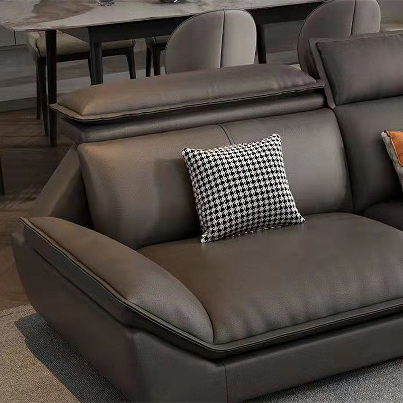 Interior Armrest with Pillow Back Sofa Grey Solid Wood Frame Leather Sofa Bed