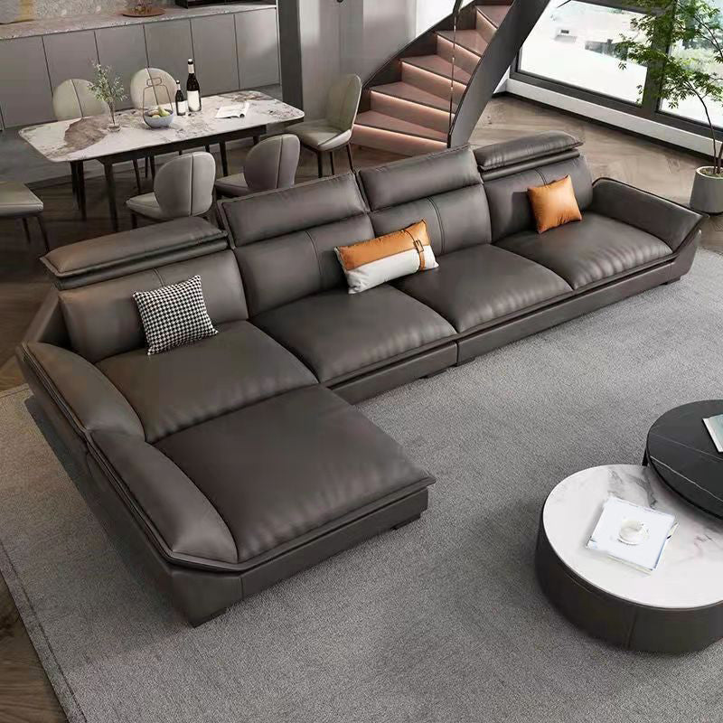 Interior Armrest with Pillow Back Sofa Grey Solid Wood Frame Leather Sofa Bed