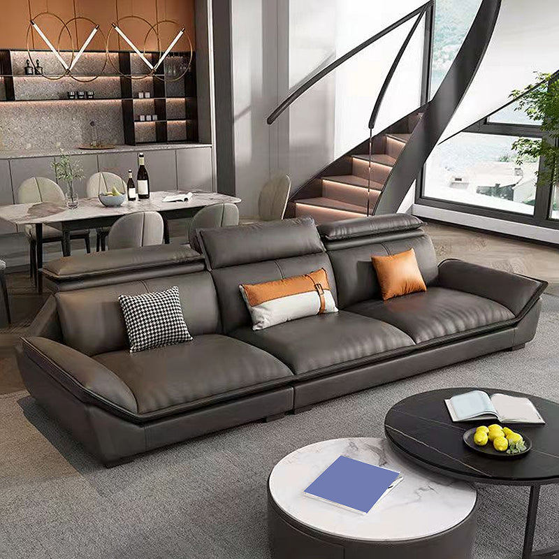 Interior Armrest with Pillow Back Sofa Grey Solid Wood Frame Leather Sofa Bed