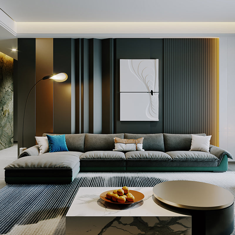 Flannelette Sofa Bed Armrest and Pillow Back Grey/dark Green/beige Solid Wood Frame Sofa