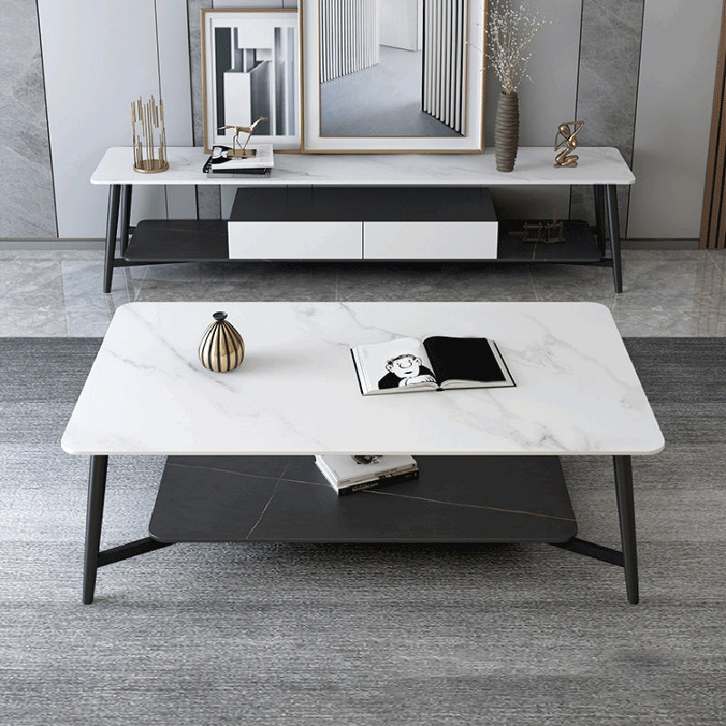 Modern Coffee Table with Storage Shelf and Black Metal Cross Base