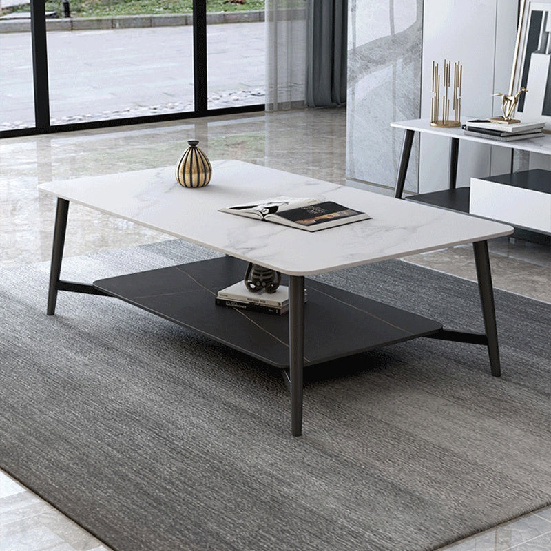 Modern Coffee Table with Storage Shelf and Black Metal Cross Base