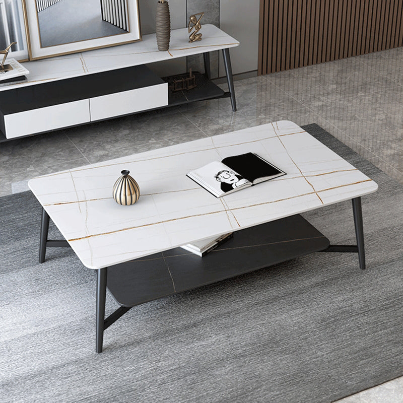 Modern Coffee Table with Storage Shelf and Black Metal Cross Base