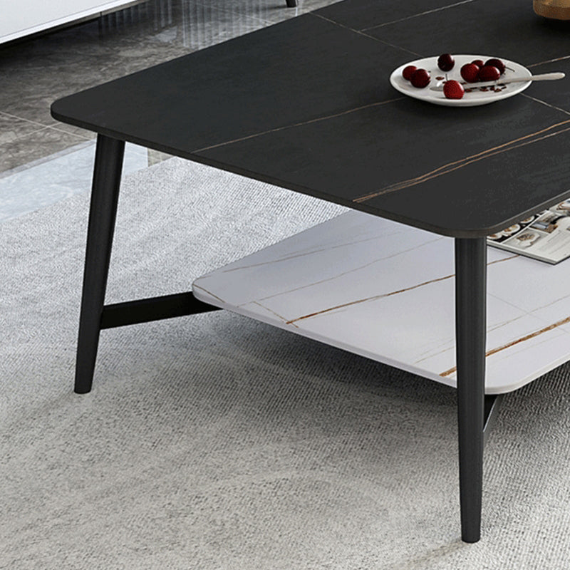 Modern Coffee Table with Storage Shelf and Black Metal Cross Base