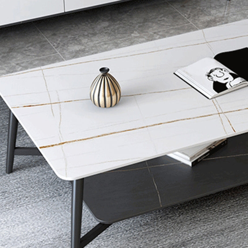 Modern Coffee Table with Storage Shelf and Black Metal Cross Base