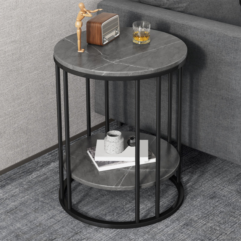 Faux Stone Round End Table Shelf Included Side Table in Black/Grey