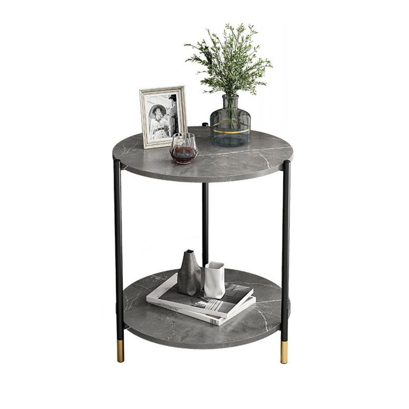 Faux Stone Round End Table Shelf Included Side Table in Black/Grey