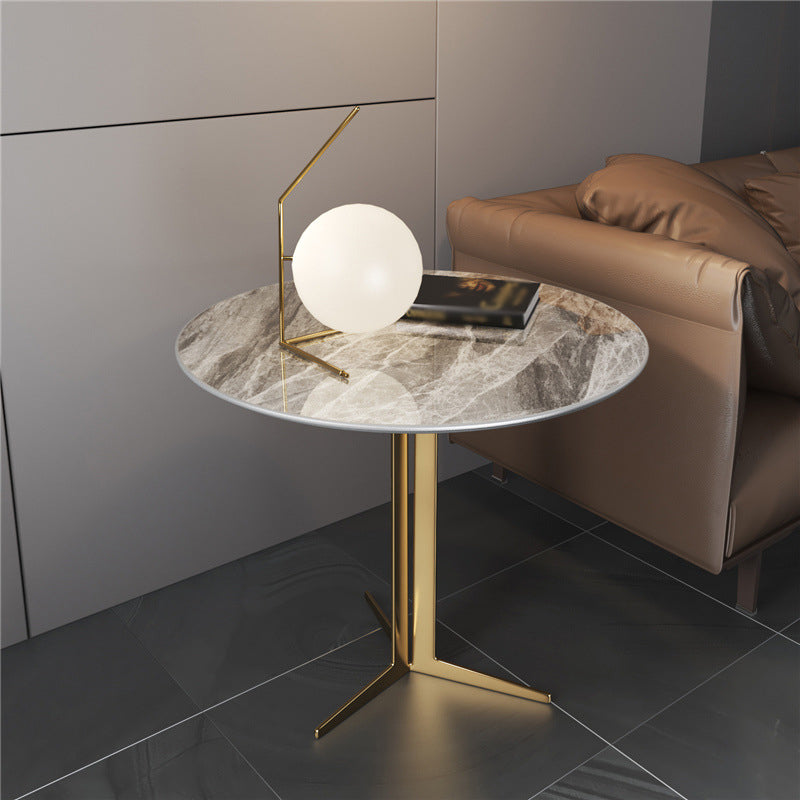 Crossed Base Design Rock Plate Top Iron Gold/black Round Base Side Table