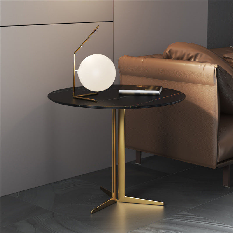 Crossed Base Design Rock Plate Top Iron Gold/black Round Base Side Table
