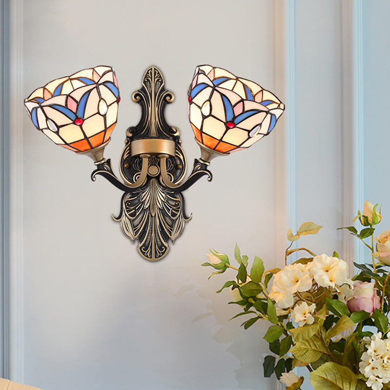 2 Lights Wall Mounted Light Mediterranean Dome/Flower Stained Art Glass Sconce in Red/Pink/Orange for Bedroom