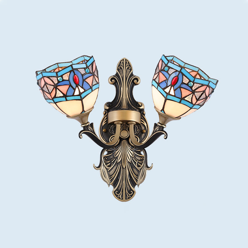2 Lights Wall Mounted Light Mediterranean Dome/Flower Stained Art Glass Sconce in Red/Pink/Orange for Bedroom