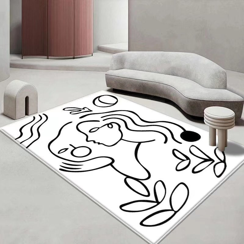 White Modern Rug Polyester Abstract Line Rug Stain Resistant Rug for Sitting Room
