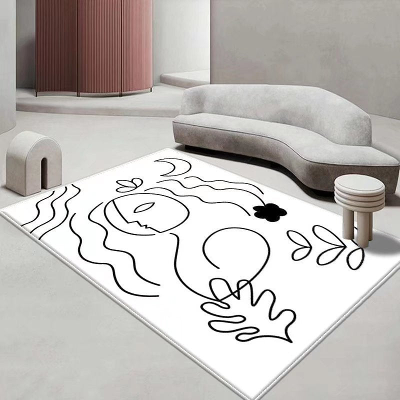 White Modern Rug Polyester Abstract Line Rug Stain Resistant Rug for Sitting Room