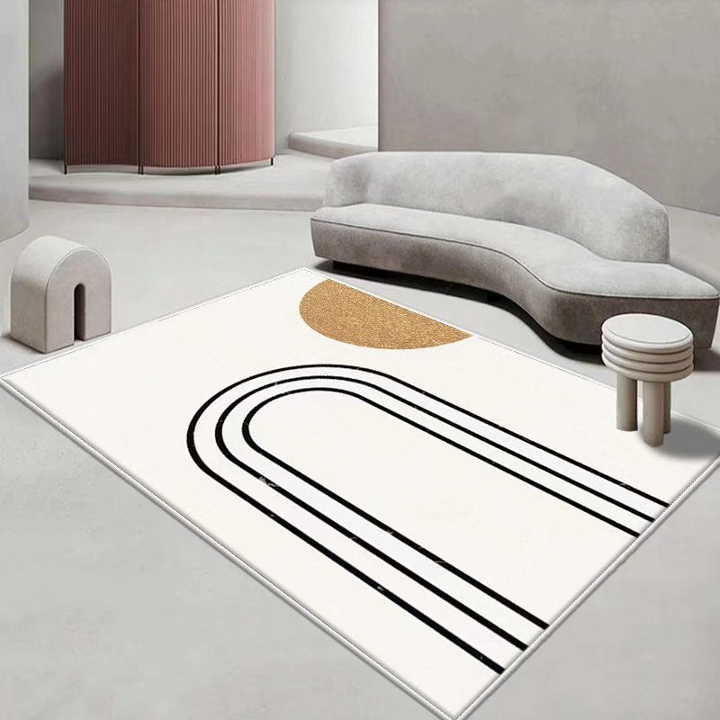White Modern Rug Polyester Abstract Line Rug Stain Resistant Rug for Sitting Room