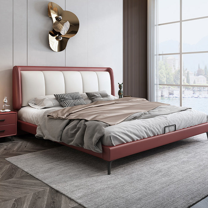 Scandinavian Genuine Leather Standard Bed Pine Wood Panel Bed