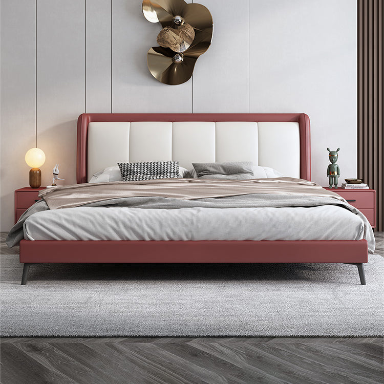 Scandinavian Genuine Leather Standard Bed Pine Wood Panel Bed