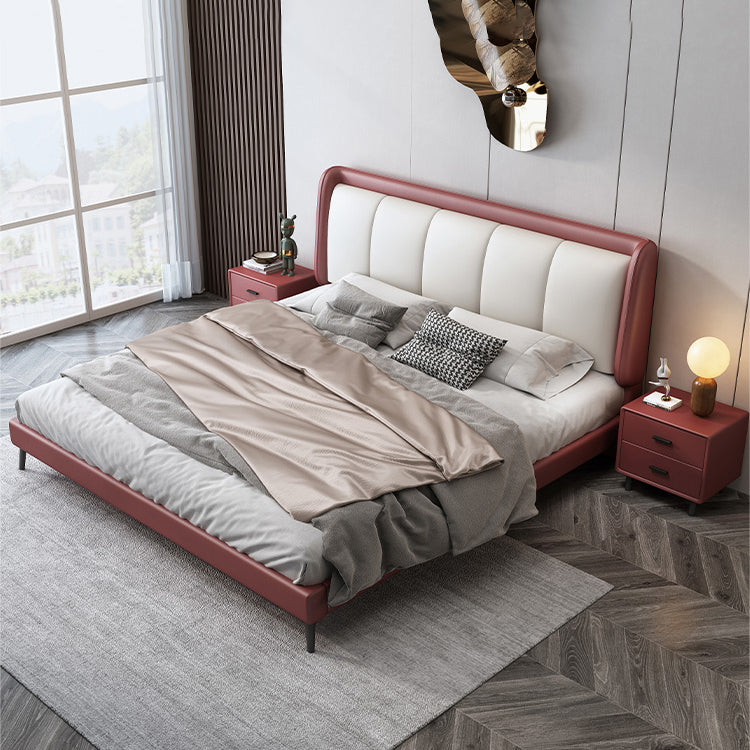 Scandinavian Genuine Leather Standard Bed Pine Wood Panel Bed